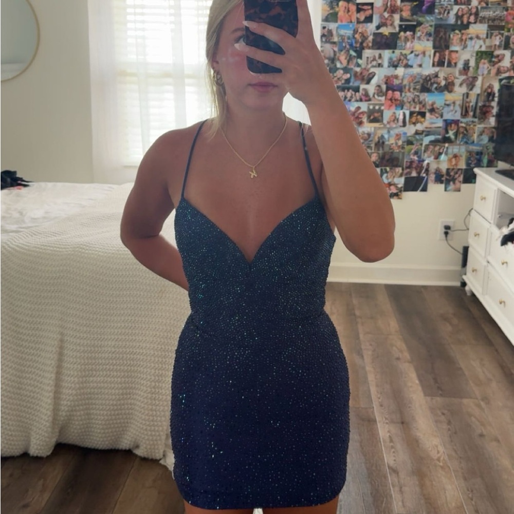 Elegant Navy Blue Spaghetti Strap Dress